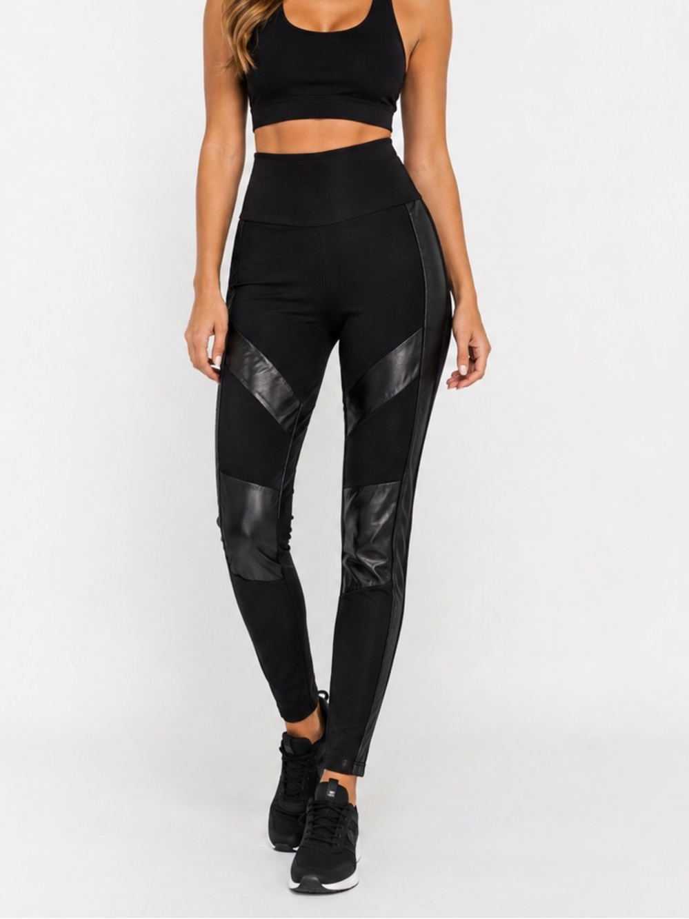 nygard slims woman’s M 10-12 High-Waist Faux Leather Panel Leggings - Black
